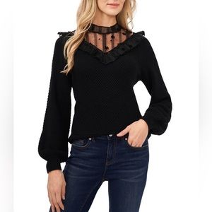 Cece Holiday Affair Black Lace Embroidered Collar Long Sleeve Sweater